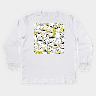 Cat and Mushroom Doodle Kids Long Sleeve T-Shirt